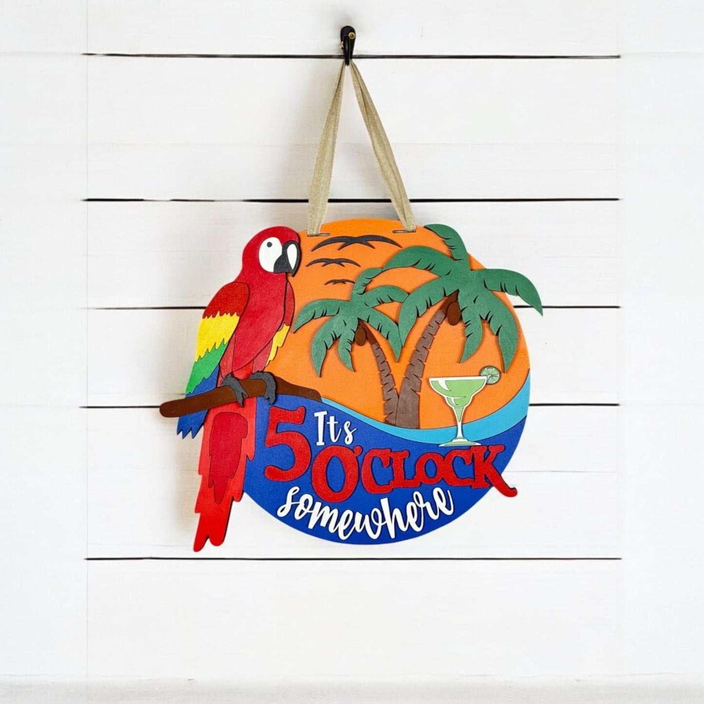 It's 5 O'Clock Somewhere Wooden Door Hanger – Laser-Cut 3D Home Décor Sign