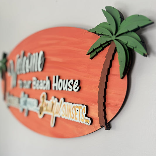 "Welcome to Our Beach House" – Hand Painted Surfboard-Style Wall Sign (25" x 12")