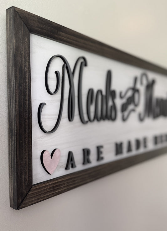 "Meals and Memories Are Made Here" – Handcrafted Framed Kitchen Wall Sign (27.5" x 10.5")