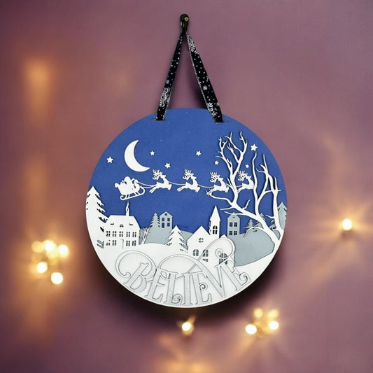 Believe Door Hanger – Layered Wood Christmas Sign for Front Door or Wall