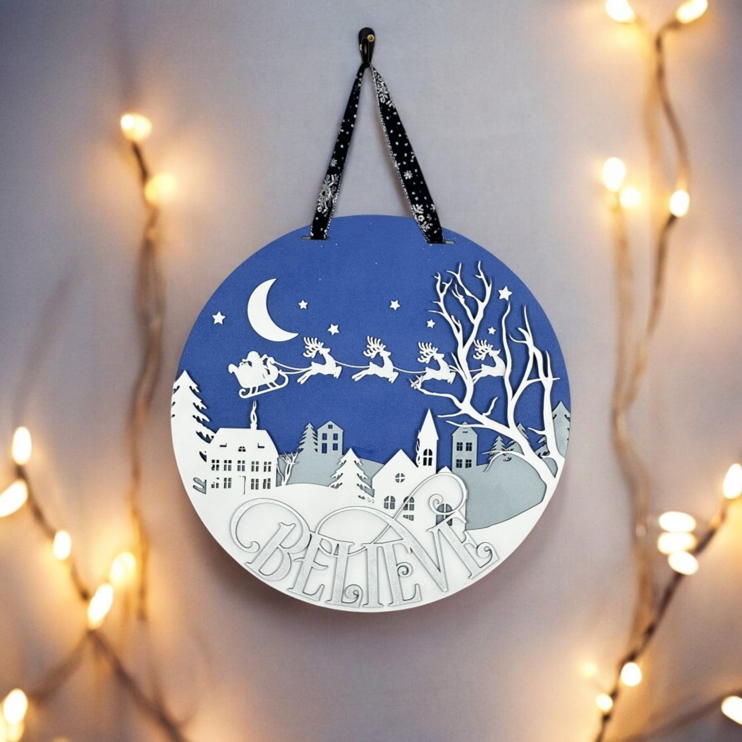 Believe Door Hanger – Layered Wood Christmas Sign for Front Door or Wall