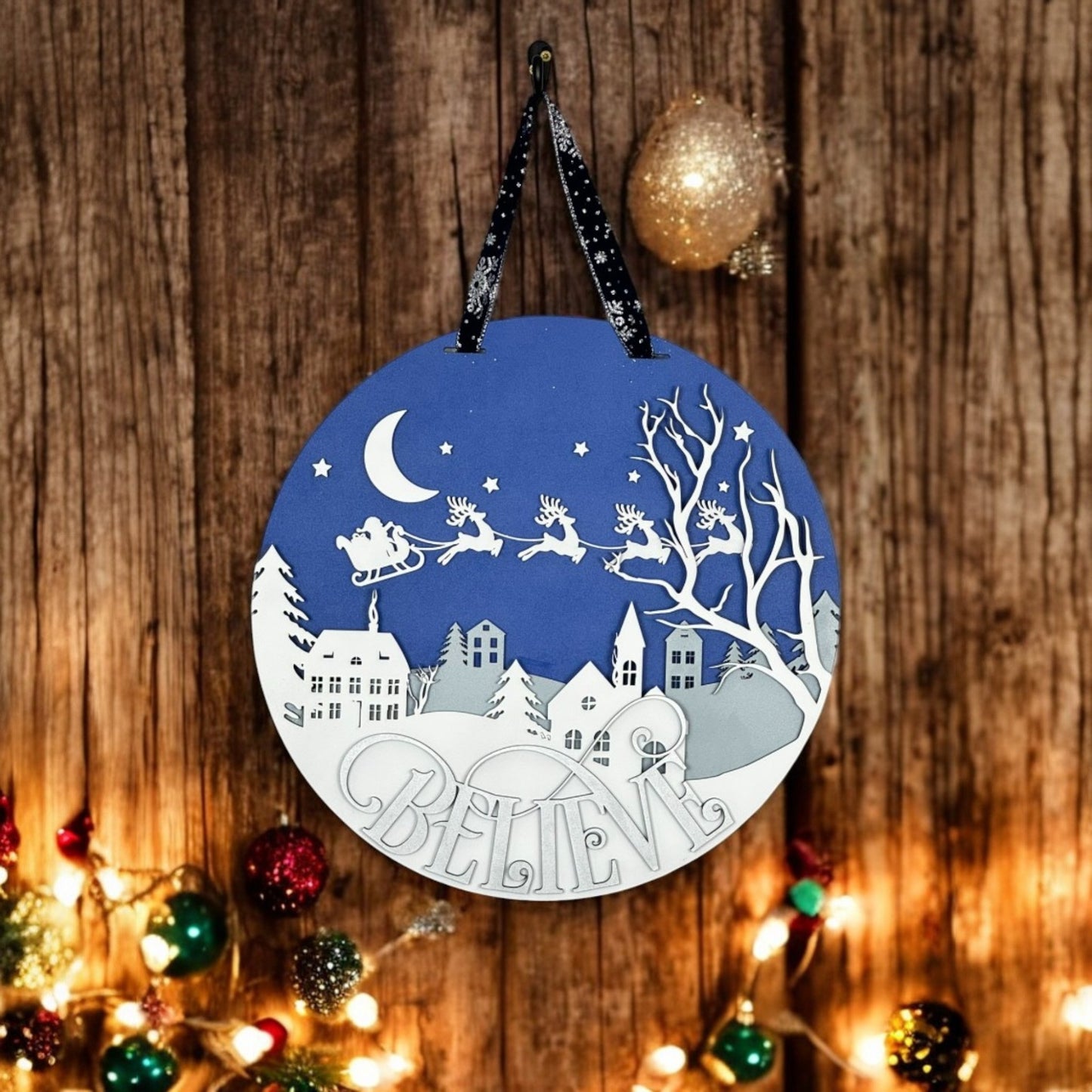 Believe Door Hanger – Layered Wood Christmas Sign for Front Door or Wall