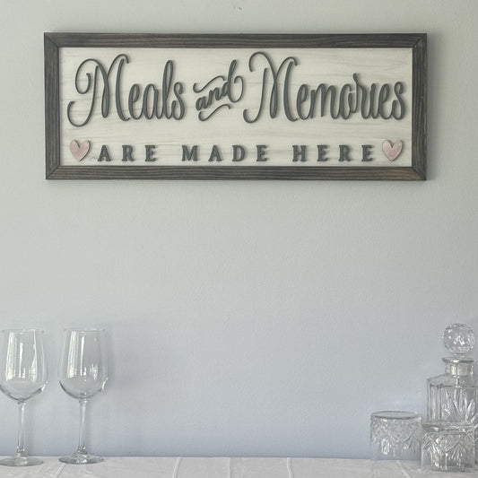 "Meals and Memories Are Made Here" – Handcrafted Framed Kitchen Wall Sign (27.5" x 10.5")
