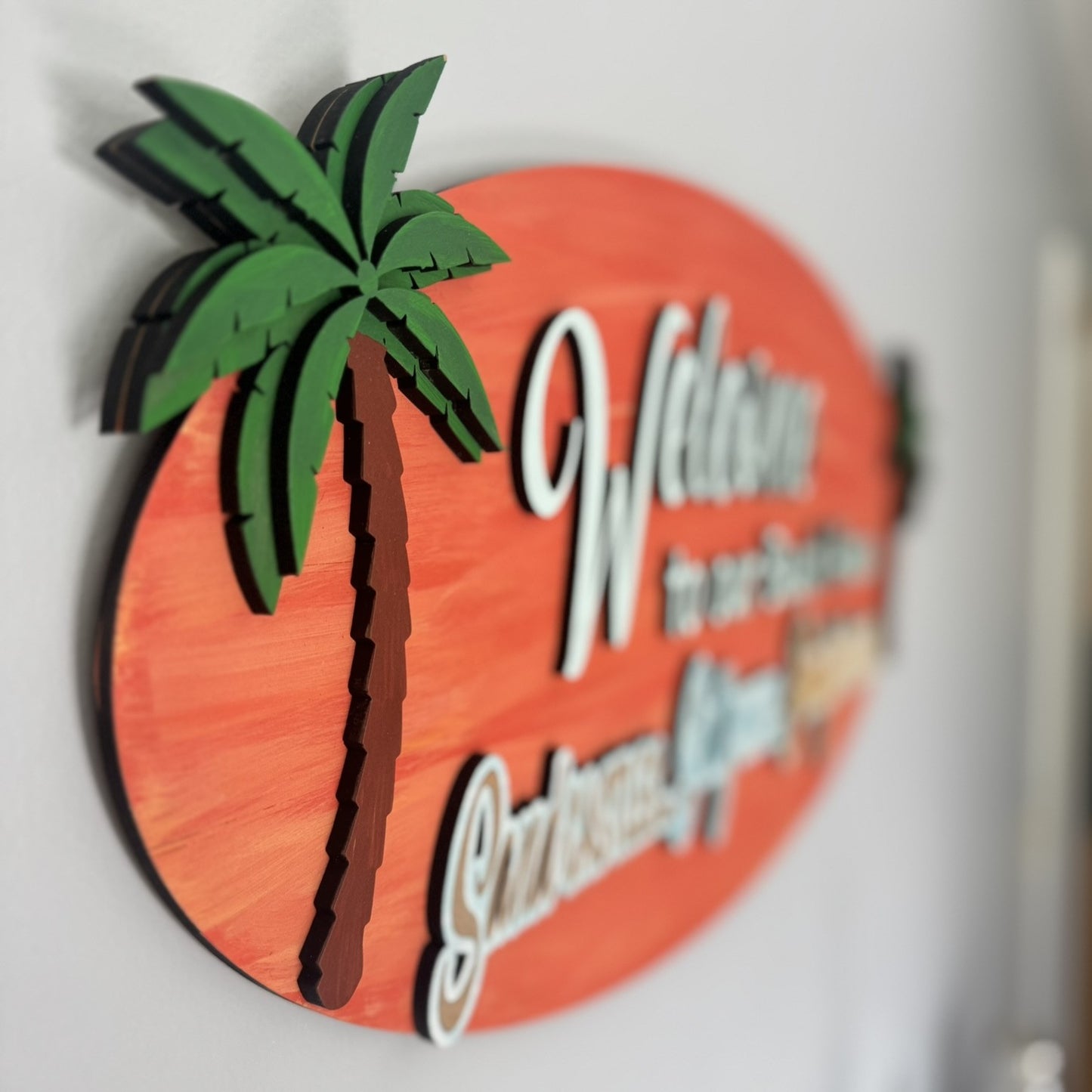 "Welcome to Our Beach House" – Hand Painted Surfboard-Style Wall Sign (25" x 12")
