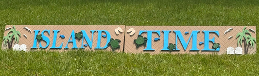 Island Time Sign Set (2) | 16x64 Coastal Wall Art with Herringbone Backer