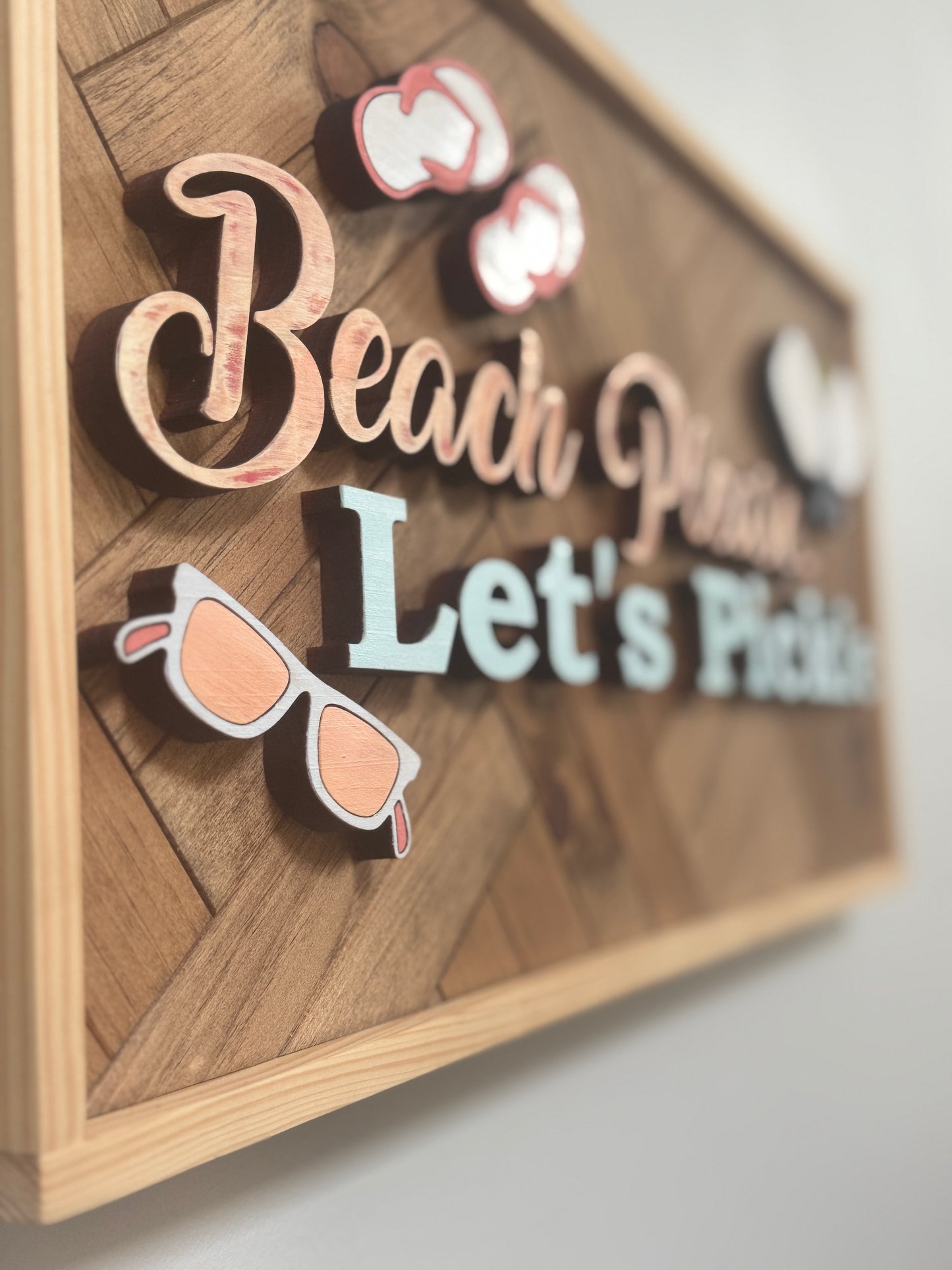"Beach Please... Let's Pickle" – Handmade Pickleball Wall Sign with Pine Herringbone Backer (24.5" x 12.5")