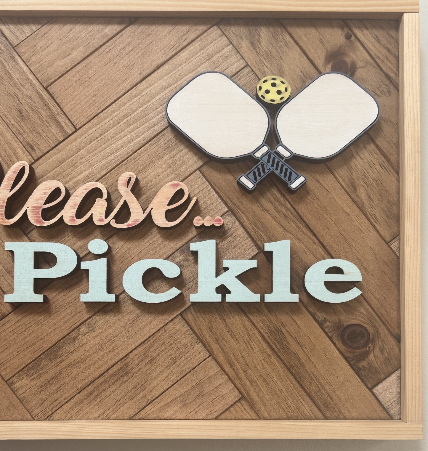 "Beach Please... Let's Pickle" – Handmade Pickleball Wall Sign with Pine Herringbone Backer (24.5" x 12.5")