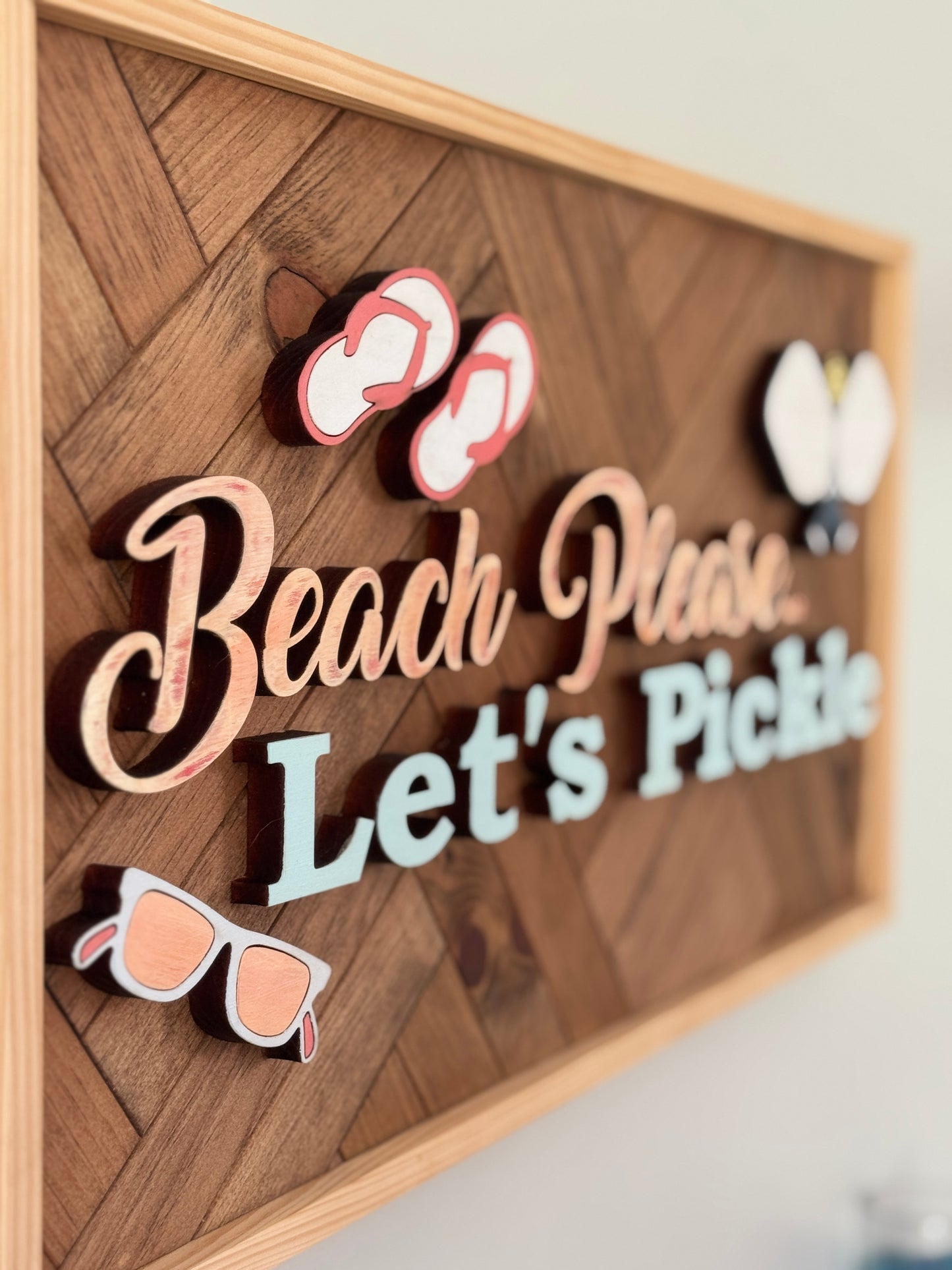 "Beach Please... Let's Pickle" – Handmade Pickleball Wall Sign with Pine Herringbone Backer (24.5" x 12.5")
