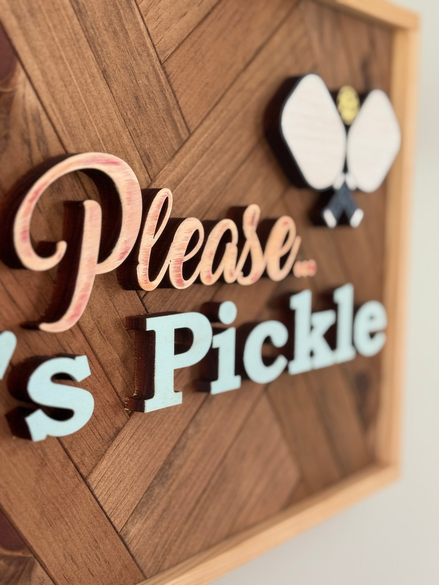 "Beach Please... Let's Pickle" – Handmade Pickleball Wall Sign with Pine Herringbone Backer (24.5" x 12.5")