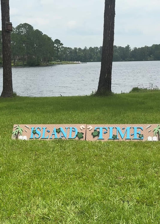 Island Time Sign Set (2) | 16x64 Coastal Wall Art with Herringbone Backer